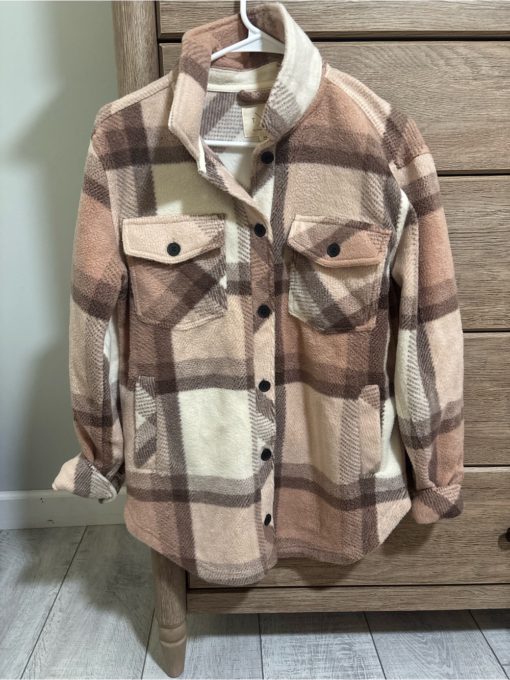 Thread & Supply Plaid Utility Shacket in Beige, Cream and Brown
